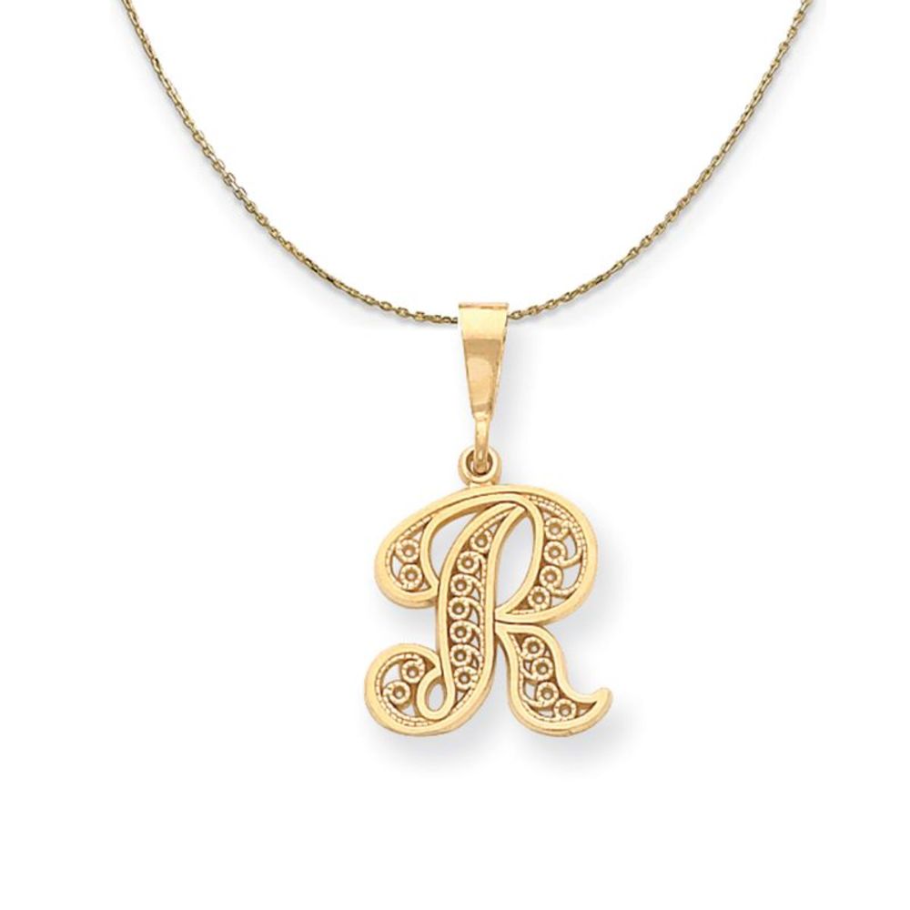 14k Yellow Gold, Maci, LG Filigree Script Initial R Necklace - 16 Inch